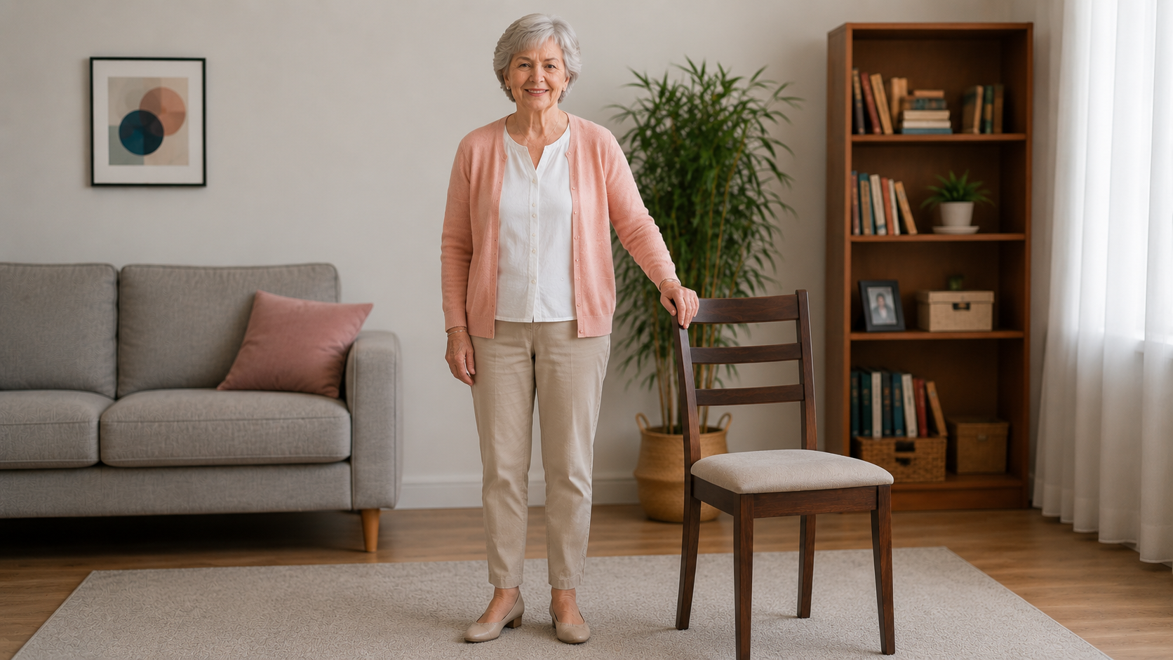 Older adult in athletic wear sitting on a chair